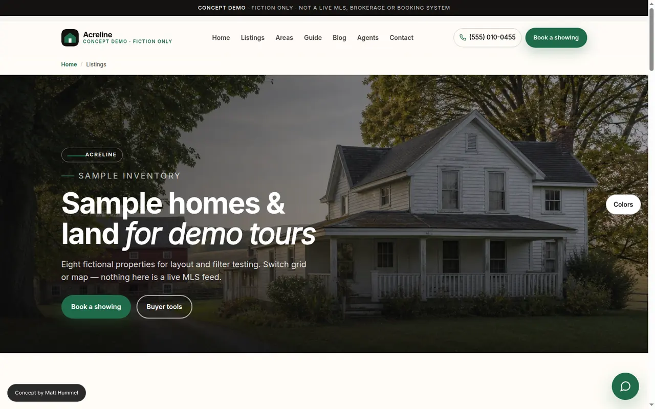 Listings grid with acreage and price filters
