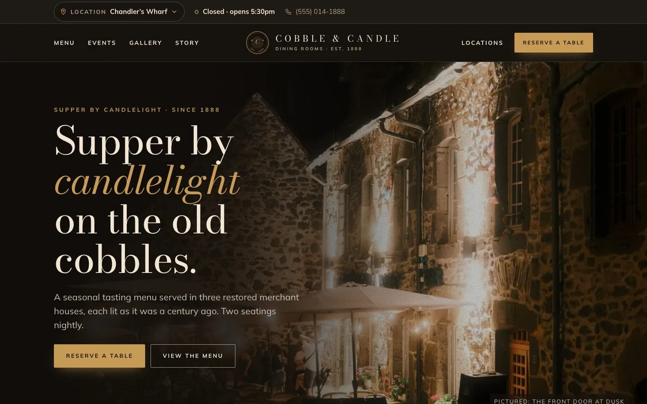 Home page with live “Closed · opens 5:30pm” status, location switcher and lamplit hero