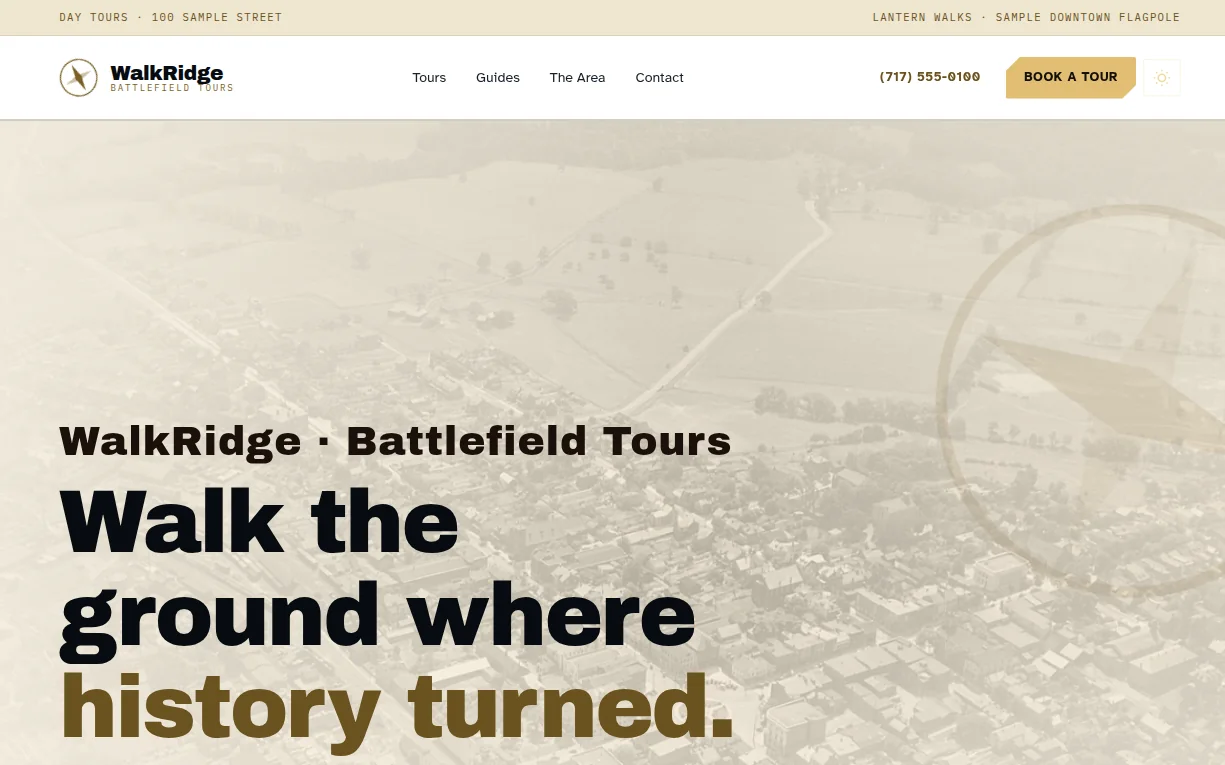 WalkRidge homepage — compass mark hero, featured tour cards, and guide bios