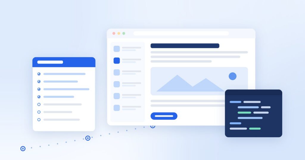 Self-taught WordPress developer workspace illustration with a block editor window, code panel, and learning checklist