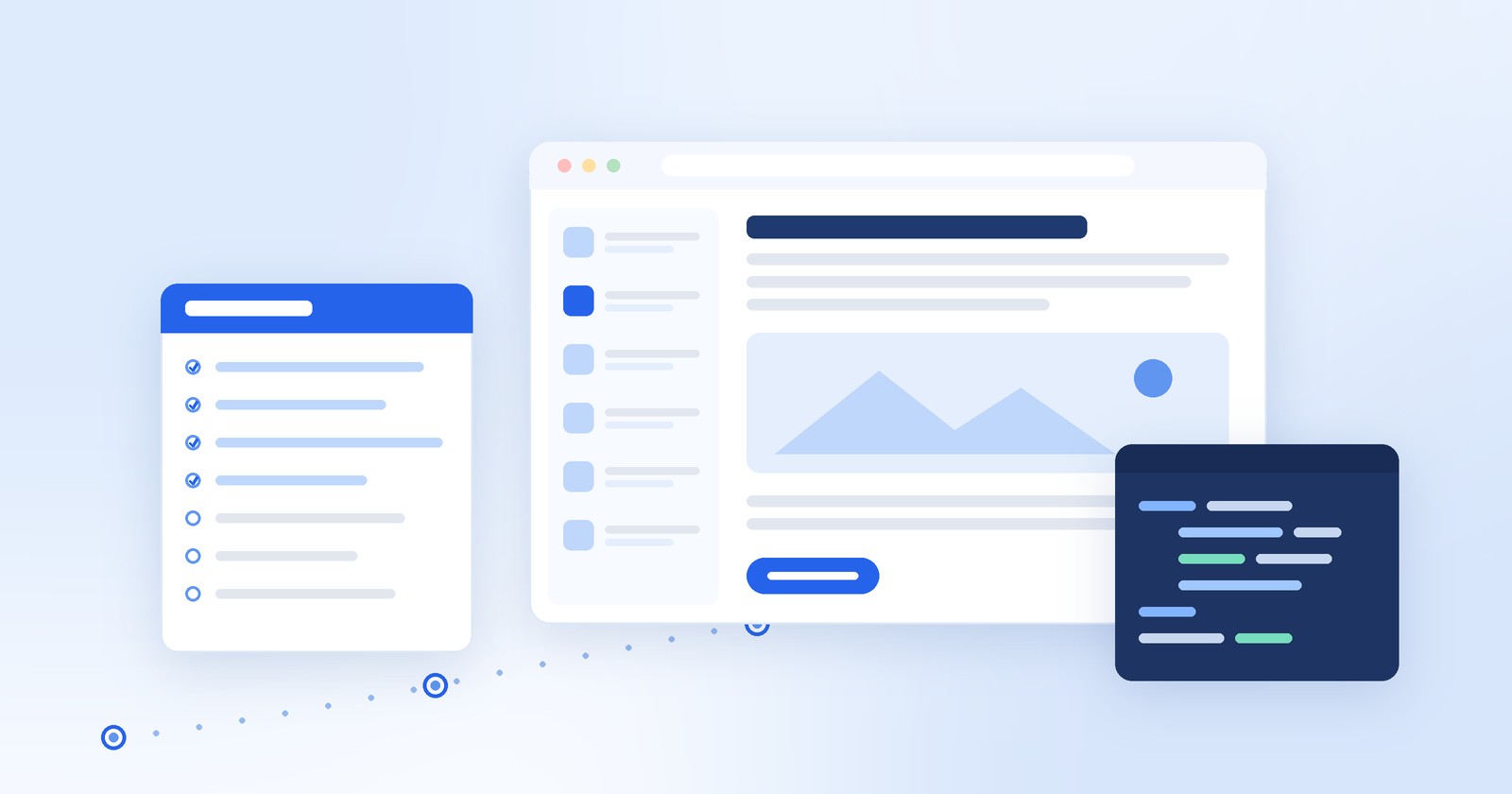 Self-taught WordPress developer workspace illustration with a block editor window, code panel, and learning checklist