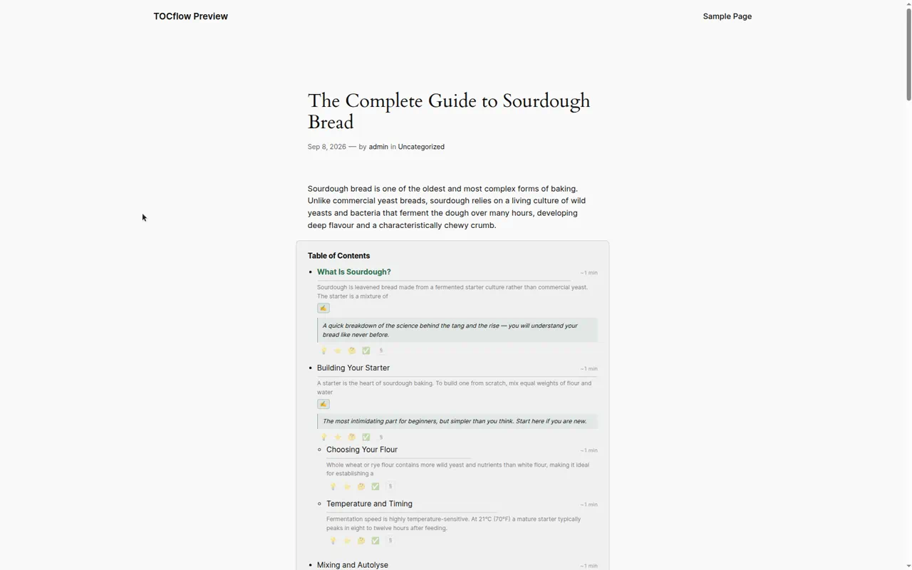 Front-end Table of Contents with optional Reading Guide (previews, density, read time)