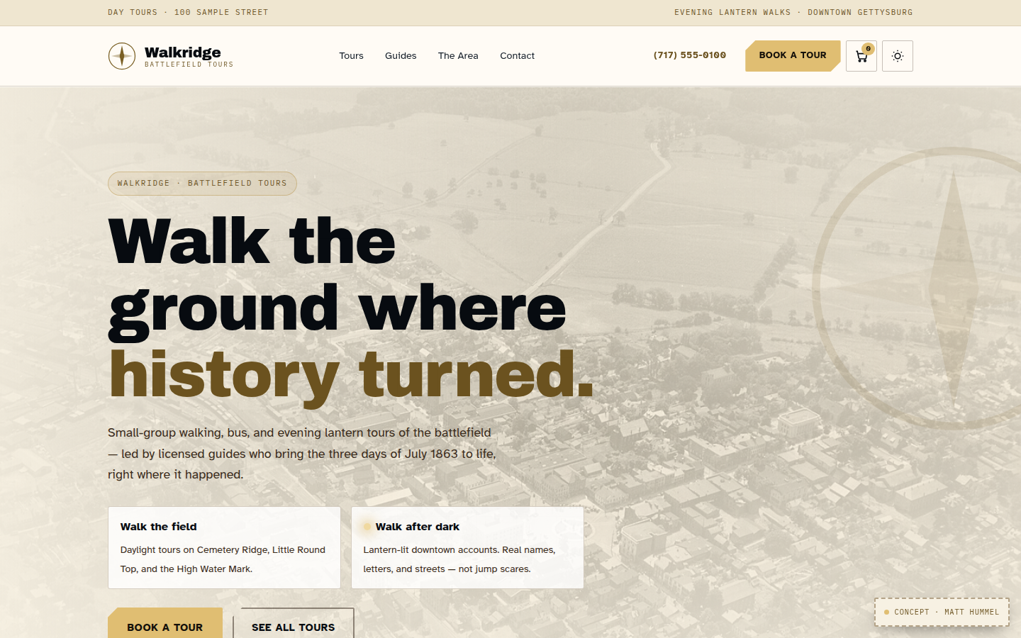 WalkRidge homepage — compass mark hero, featured tour cards, and guide bios