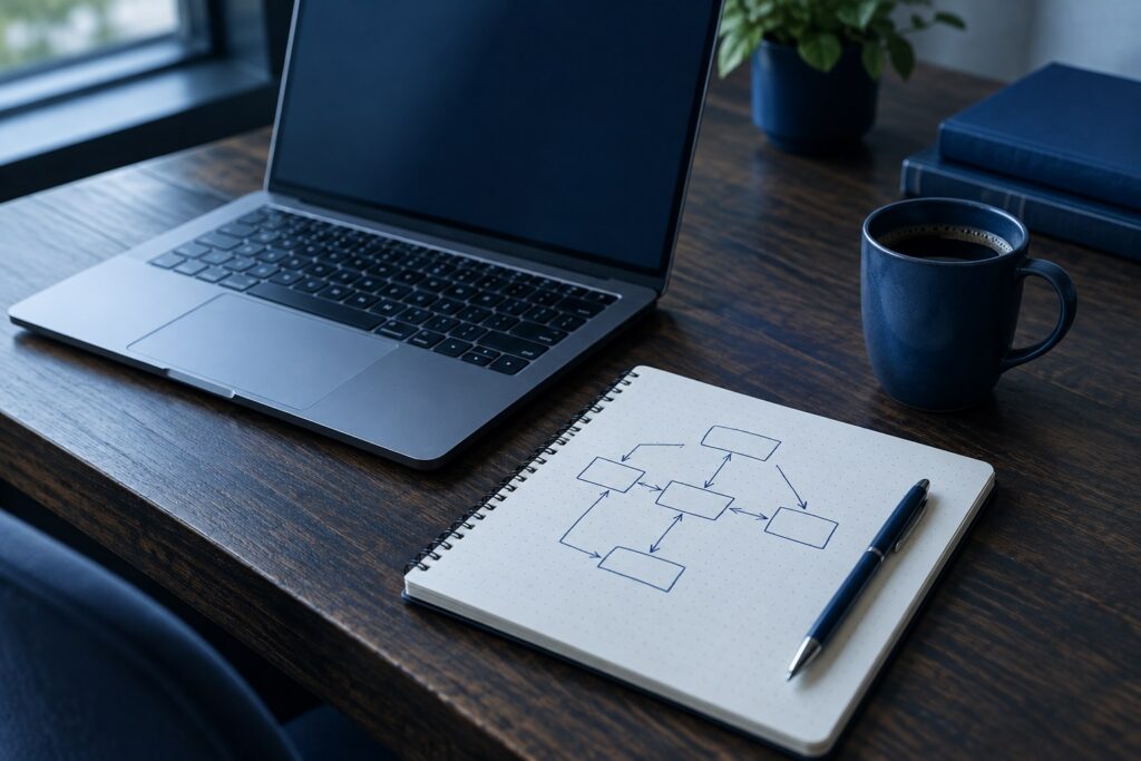 Website basics sketched out: a hand-drawn diagram of connected boxes in a notebook next to a laptop