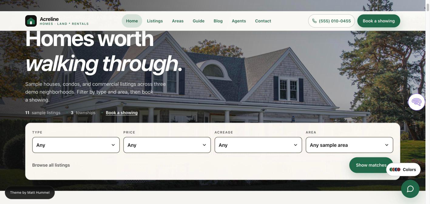 Acreline WordPress real estate theme home page with a search bar to filter homes by type, price, acreage and area