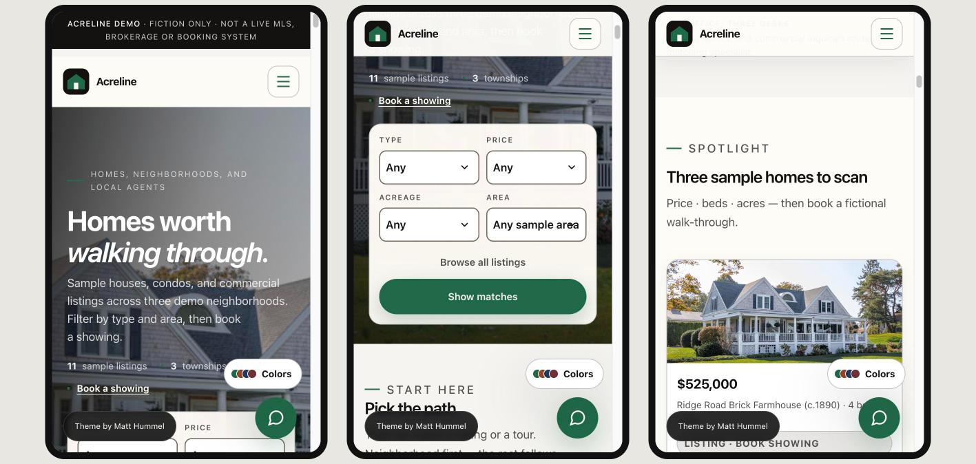 Acreline on a phone: the hero, the listing search form and a sample listing card