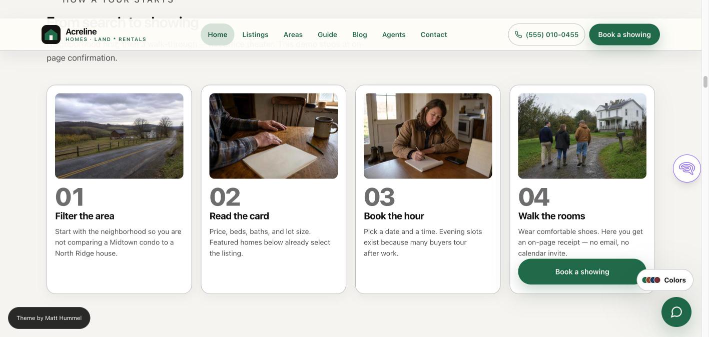Acreline tour steps: filter the area, read the card, book the hour and walk the rooms