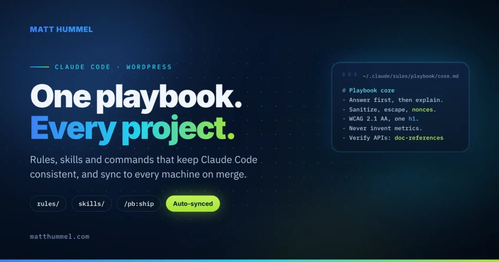 Dark navy graphic reading "One playbook. Every project." with chips for rules, skills, /pb:ship and Auto-synced, and a code window showing the playbook core rule file