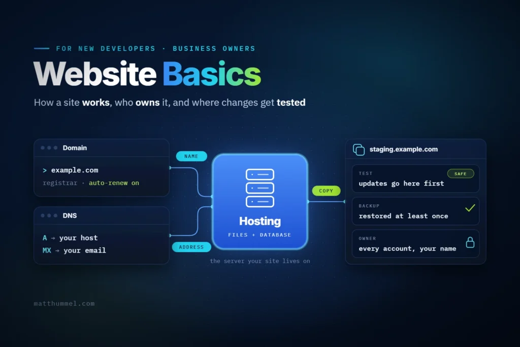Website basics diagram: a domain and DNS point to hosting, which holds the files and database, with a staging copy for testing updates, backups, and owner accounts.