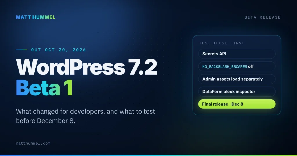 WordPress 7.2 Beta 1 graphic, out October 20, 2026: test the Secrets API, NO_BACKSLASH_ESCAPES change, separate admin asset loading and DataForm block inspector before the December 8 final release