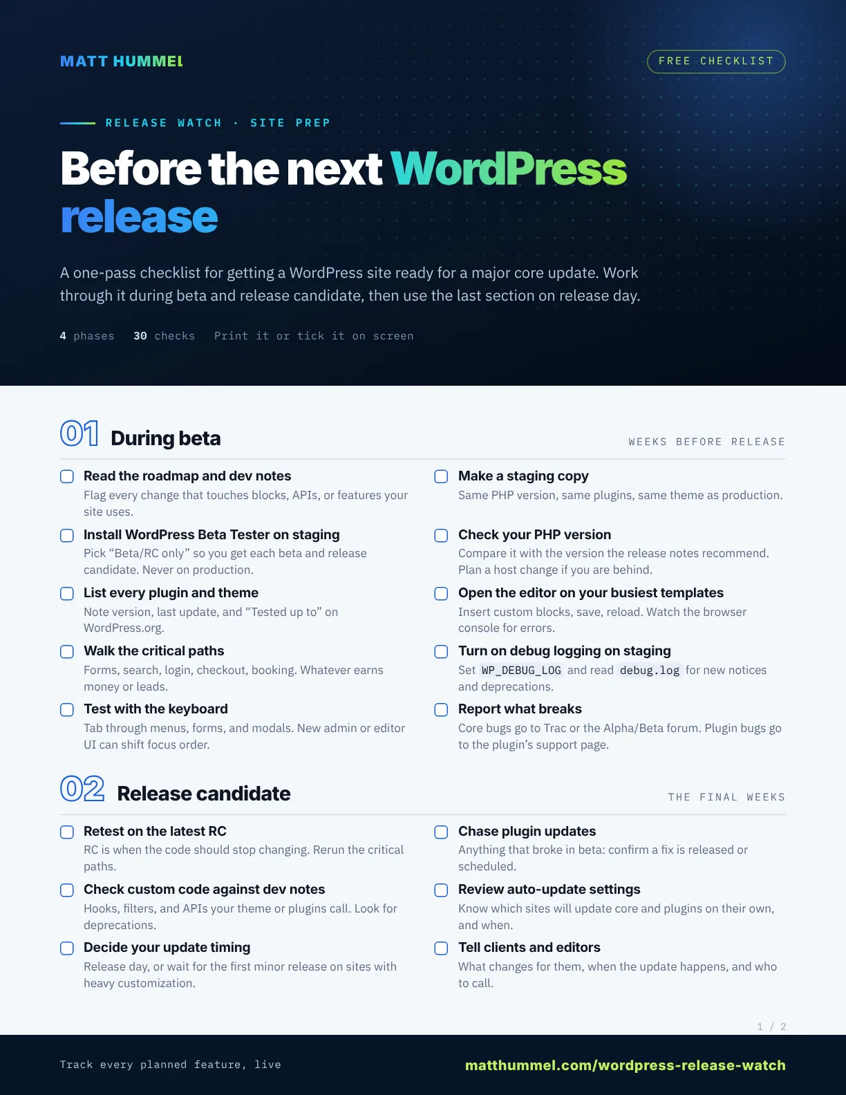 First page of the free checklist for preparing a site for the next WordPress release, with steps for the beta phase and release candidate